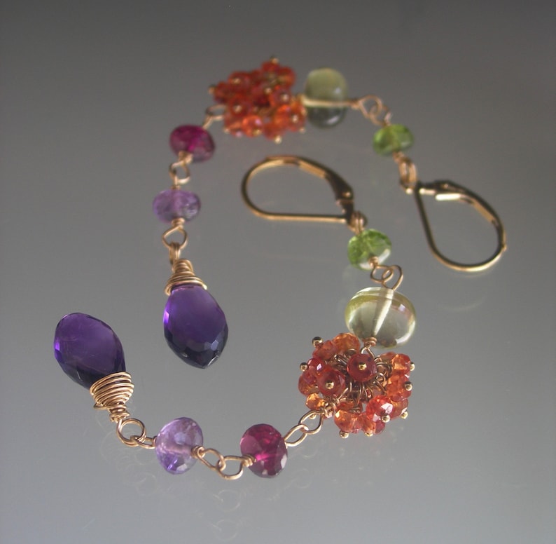 Long Multi Gemstone 14k Gold Filled Linked Earrings Orange Sapphire Clusters Magenta Garnet Amethyst Lemon Quartz Lever Backs 3 1/2 image 2