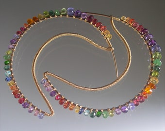 Crescent Rainbow Gemstone Earrings 14k Gold Filled Multi Gem Half Hoops Artisan Designed Wire Wrapped