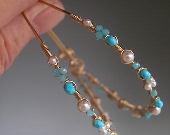 Turquoise Pearl 14k Gold Filled Oblong Hoop Earrings 2 3/8” Long and Lightweight White Pearls Amazonite