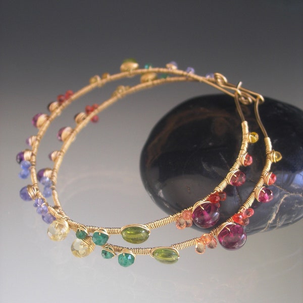 Multi Gemstone 14k Gold Filled Wire Wrapped Hoops Vibrant Rainbow Earrings 2 1/2” Artisan Handmade