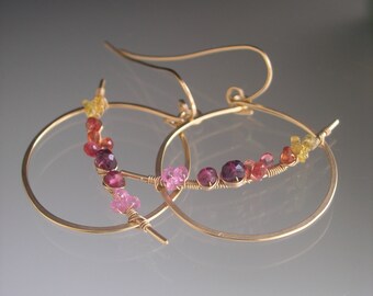 Pink Orange Gemstone Hoops Planet Saturn Earrings 14k Gold Filled Hoops with Sapphires Garnet Tourmaline Artisan Handmade