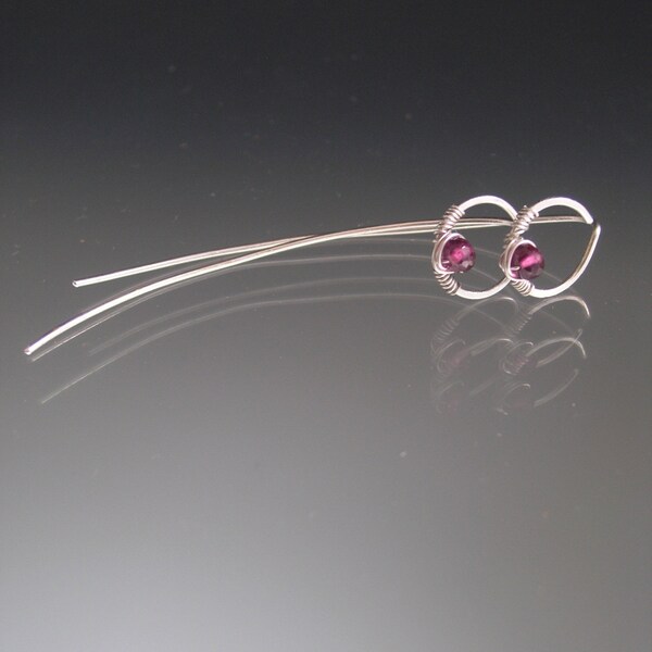 Small Garnet Earrings Sterling Silver Circle Magenta Rhodolite Threaders 1/2” Artisan Handmade