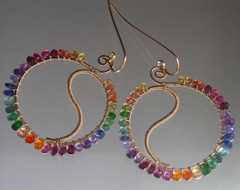 Rainbow Gemstone Yin Yang Hoops 14k Gold Filled Multi Gem Hoop Earrings Bright Symbolism 2 1/4” Artisan Handmade