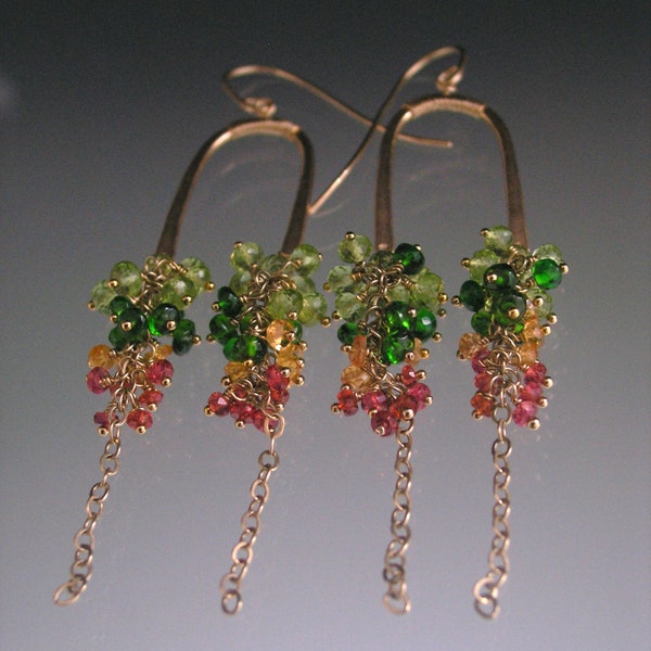 14k Gold Filled Earrings w/ Tassels of Green Peridot Diopside Melon & Red Orange Sapphires Artisan Handmade