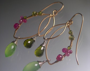 Sculptural Gemstone Earrings 14k Gold Filled Pink Sapphire, Vesuvianite Peridot Chalcedony 2 3/4”