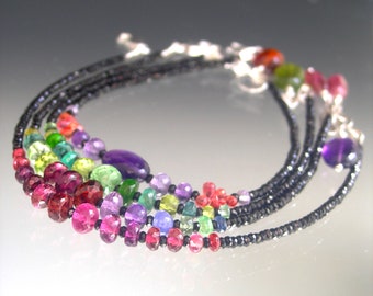 Black Spinel Bracelet w/ Your Choice of Rainbow Gemstone, Amethyst Sapphire, Pink Tourmaline Garnet, Emerald Peridot Sterling Silver