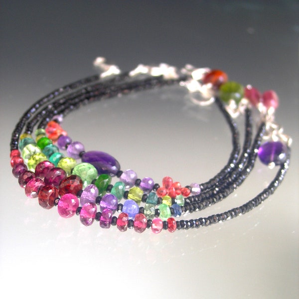 Black Spinel Bracelet w/ Your Choice of Rainbow Gemstone, Amethyst Sapphire, Pink Tourmaline Garnet, Emerald Peridot Sterling Silver