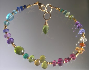 Riveting Rainbow Gemstone Beaded Bracelet Garnet, Tourmaline, Tanzanite, Vesuvianite Skinny Stackable Bracelet Artisan Handmade