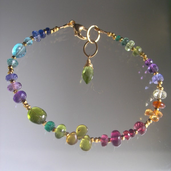 Riveting Rainbow Gemstone Beaded Bracelet Garnet, Tourmaline, Tanzanite, Vesuvianite Skinny Stackable Bracelet Artisan Handmade