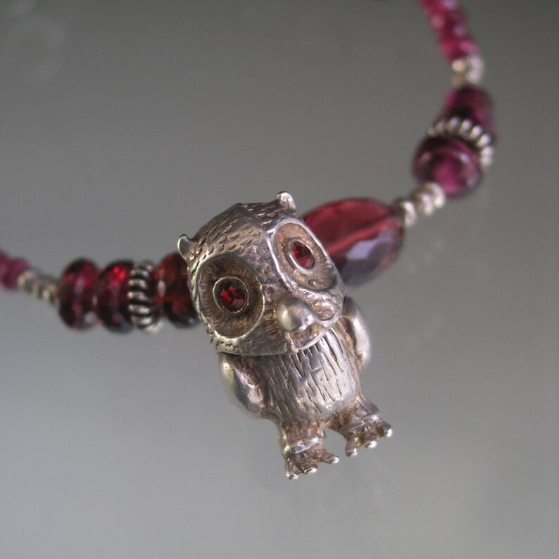 Artisan Designed Garnet Bracelet Vintage Owl Movable Charm Sterling Silver Pink Tourmaline Beaded Bracelet Bird Lover or Night Owl Gift