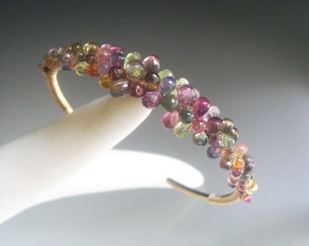 Sapphire Cuff, Tourmaline Encrusted 14k Gold Filled Cuff Bracelet, Green Violet Pink, Earthy Jewelry, Artisan Designed Handmade