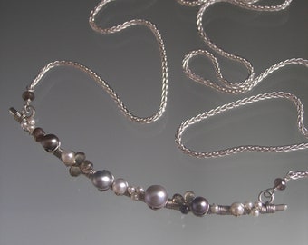 Pearl Sterling Silver Bar Necklace Taupe Sapphires White Gray Pearls Bridal Choker Artisan Handmade