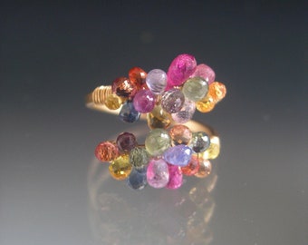 Multi Sapphire Ring 14k Gold Filled Confetti Gemstone Beaded Cocktail Ring  7.5 Artisan Handmade