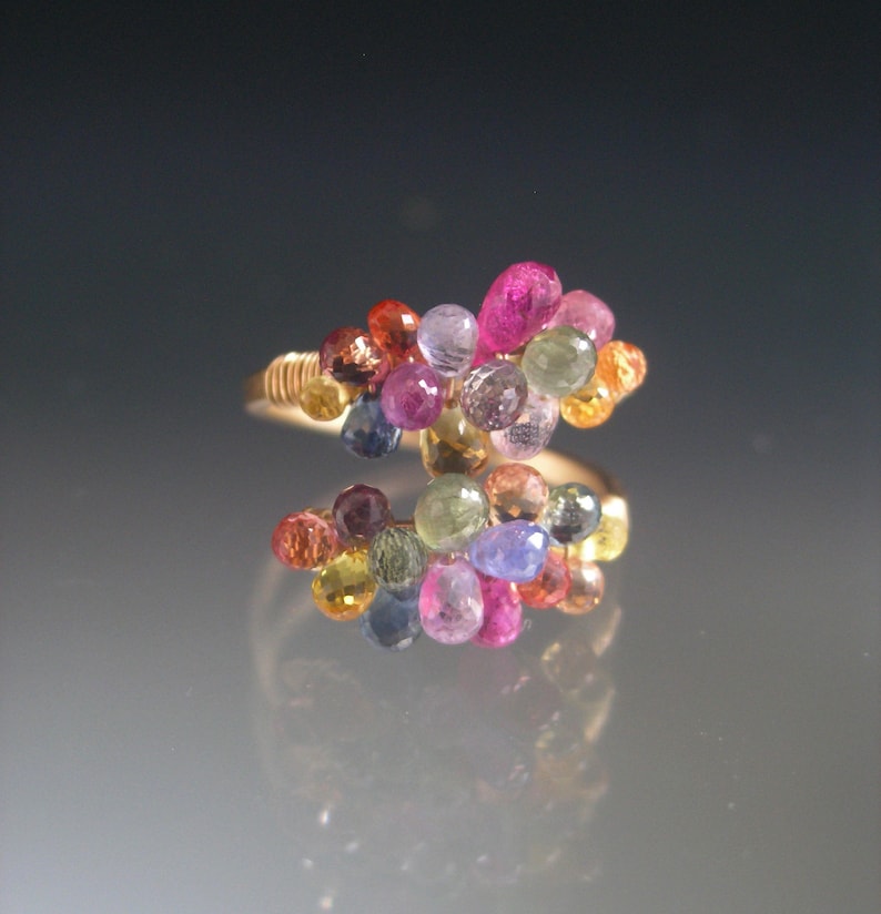 Multi Sapphire Ring 14k Gold Filled Confetti Gemstone Beaded Cocktail Ring 7.5 Artisan Handmade image 1