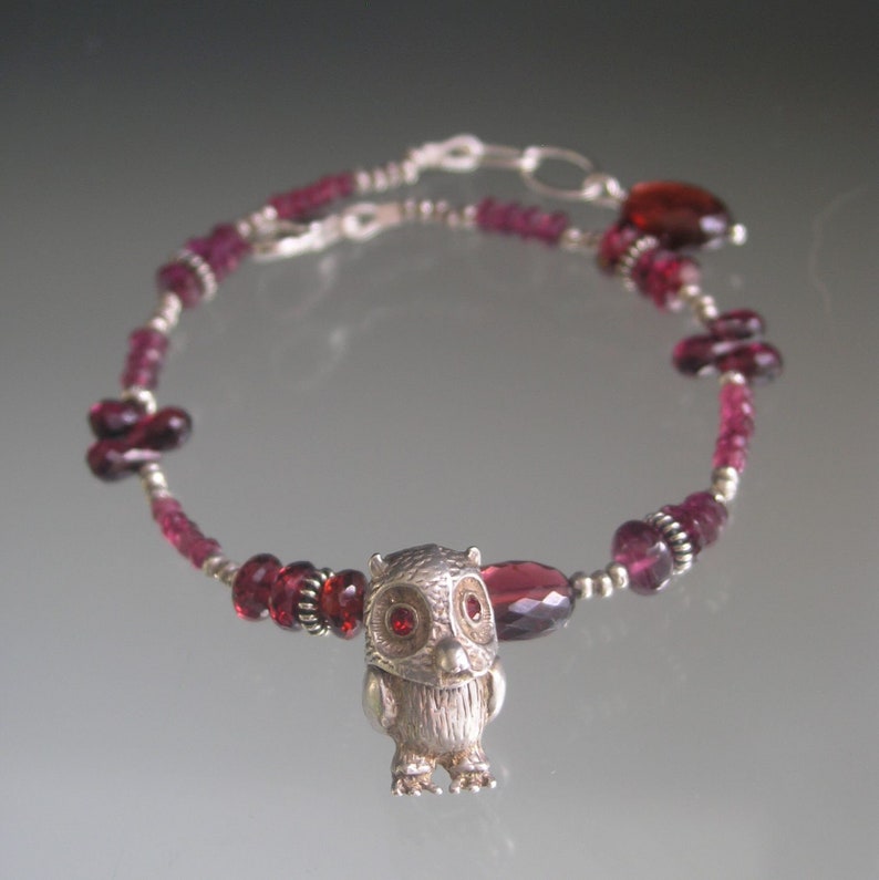 Artisan Designed Garnet Bracelet Vintage Owl Movable Charm Sterling Silver Pink Tourmaline Beaded Bracelet Bird Lover or Night Owl Gift