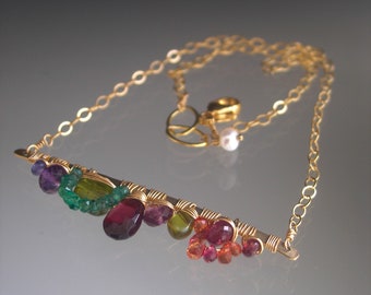 Colorful Gemstone 14k Gold Filled Bar Necklace Emerald Sapphire Amethyst Garnet Delicate Choker Artisan Handmade