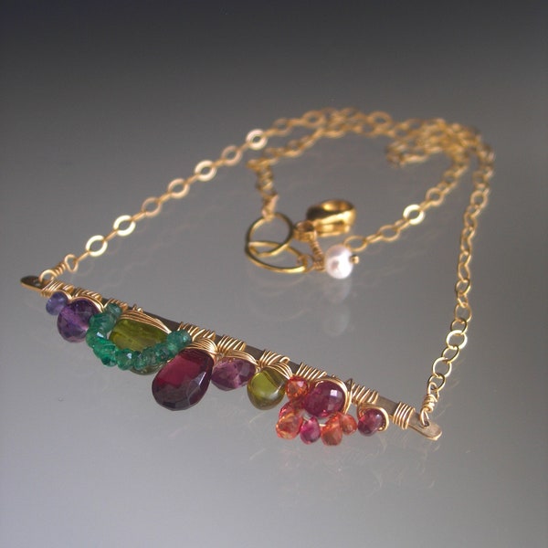 Colorful Gemstone 14k Gold Filled Bar Necklace Emerald Sapphire Amethyst Garnet Delicate Choker Artisan Handmade