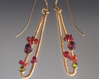 Cherry & Berry Earrings Gemstone Adorned 14k Gold Filled Elongated Narrow Teardrop Earrings Spinel Garnet vesuvianite
