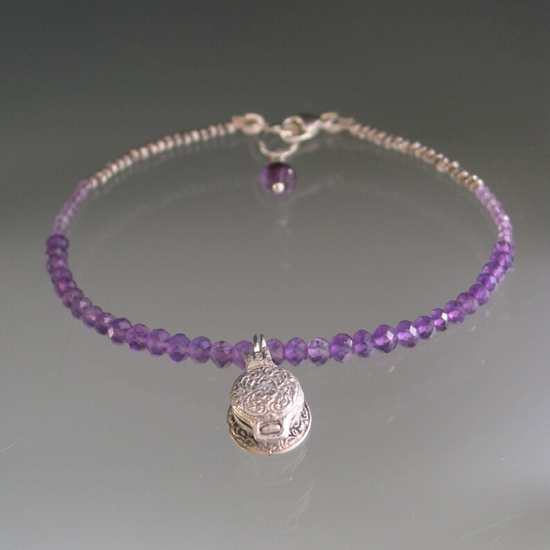 Amethyst Silver Bracelet Vintage Sterling Opening Waffle Iron Charm Skinny Purple Beaded Bracelet Baker/'s Jewelry Artisan Designed