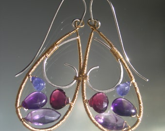 Twilight Gemstone Teardrop Earrings Violet Tanzanite Purple Amethyst Magenta Garnet Stained Glass 14k Gold Fill & Sterling Silver