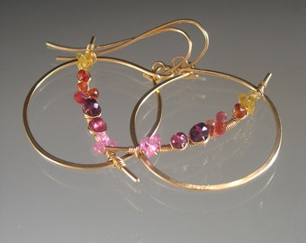 Pink Orange Gemstone Hoops Planet Saturn Earrings 14k Gold Filled Hoops with Sapphires Garnet Tourmaline Artisan Handmade