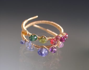 Rainbow Gemstone Wraparound 14k Gold Filled Ring Size 8 Artisan Designed & Hand Forged