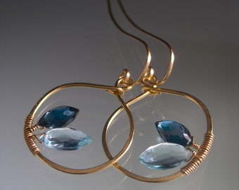 Blue Topaz 14k Gold Filled Hoops Light and Dark Blue Gemstone Earrings Artisan Hand Fabricated