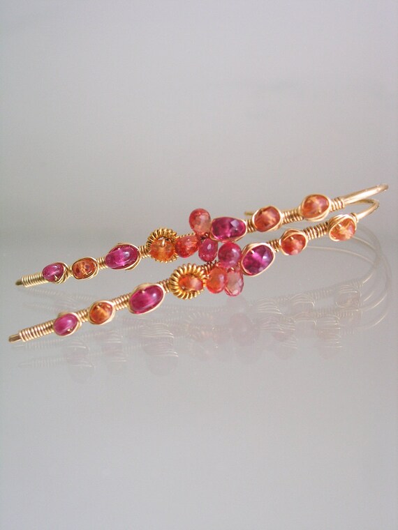 Items similar to Orange Sapphire 14k Gold Filled Linear Wire Wrapped Earrings with Pink Rubies