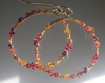 Fiery Sapphire 14k Gold Filled Hoops Red Orange Yellow Gemstone Front Facing Hoop Earrings