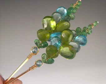 Peridot Apatite 14k Gold Filled Earrings Apple Green and Aqua Gemstone Linear Earrings Artisan Handmade