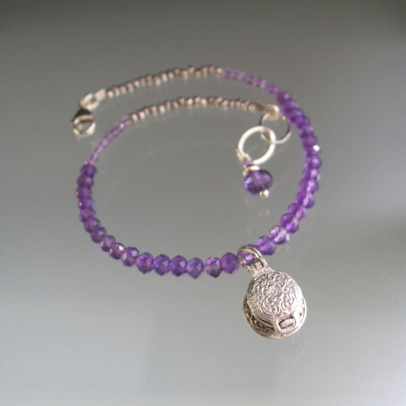 Amethyst Silver Bracelet Vintage Sterling Opening Waffle Iron Charm Skinny Purple Beaded Bracelet Baker/'s Jewelry Artisan Designed