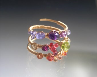 Rainbow Gemstone Gold Ring Sapphire Garnet Tanzanite Peridot Triple Wraparound 14k Gold Filled Ring Size 7 1/2” Artisan Handmade