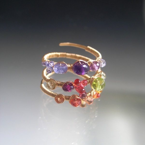 Rainbow Gemstone Gold Ring Sapphire Garnet Tanzanite Peridot Triple Wraparound 14k Gold Filled Ring Size 7 1/2” Artisan Handmade