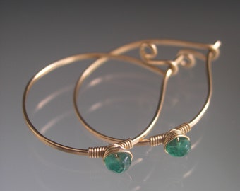 Small 14k Gold Filled Emerald Hoops Deep Green Minimalist Modern Earrings Artisan Handmade