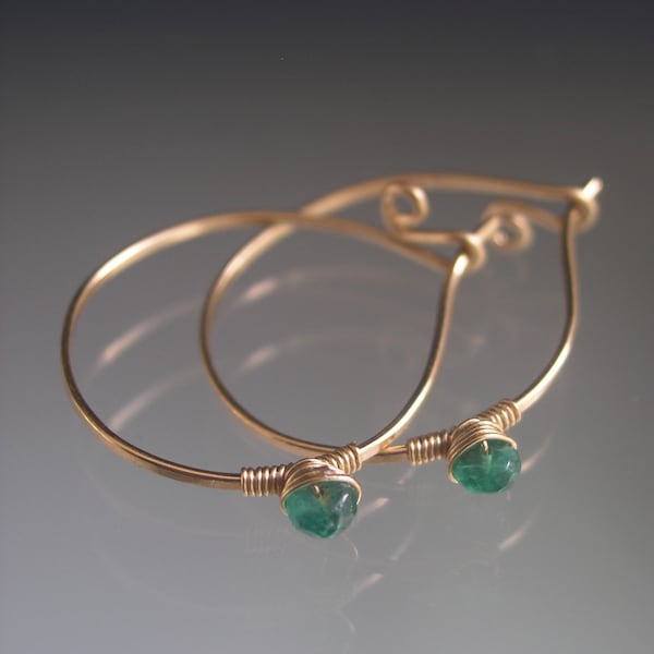 Small 14k Gold Filled Emerald Hoops Deep Green Minimalist Modern Earrings Artisan Handmade