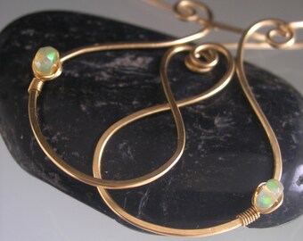 14k Gold Filled Paisley Earrings w/ Opals Artisan Designed Hand Forged Curvy Gemstone Earrings