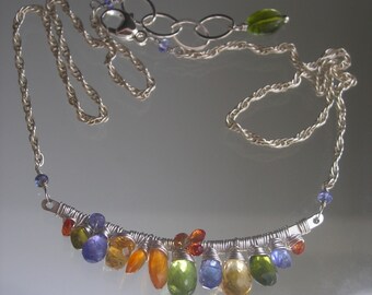 Summery Gemstone Sterling Curved Bar Necklace Tanzanite Citrine Carnelian Sapphire Peridot Artisan Handmade