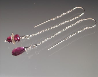 Rhodolite Garnet Asymmetrical Sterling Silver Threader Earrings Artisan Handmade Magenta Pink