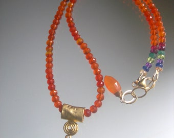 Carnelian Necklace w/ Rubellite Vermeil Pendant & Rainbow Gemstone Finish Artisan Handmade