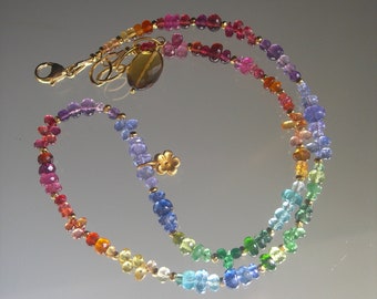 Rainbow Gemstone Necklace Multi Gem Beaded Vermeil Gold Skinny Choker vibrant and Festive Artisan Handmade