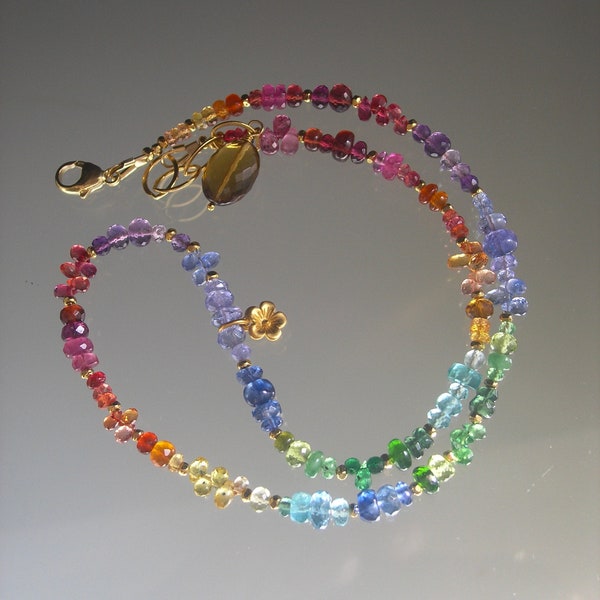 Rainbow Gemstone Necklace Multi Gem Beaded Vermeil Gold Skinny Choker vibrant and Festive Artisan Handmade