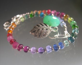 Silver Rainbow Gemstone Bracelet Multi Gemstone Sterling Skinny Beaded Bracelet Leaf Charm