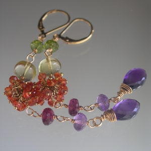 Long Multi Gemstone 14k Gold Filled Linked Earrings Orange Sapphire Clusters Magenta Garnet Amethyst Lemon Quartz Lever Backs 3 1/2 image 1