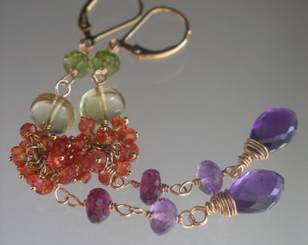 Long Multi Gemstone 14k Gold Filled Linked Earrings Orange Sapphire Clusters Magenta Garnet Amethyst Lemon Quartz  Lever Backs 3 1/2”