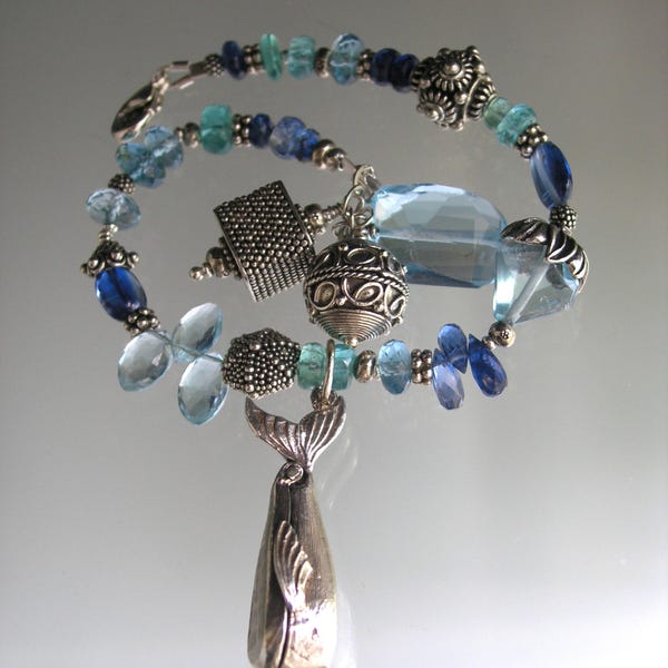 Blue Gemstone Vintage Sterling Jonah and the Whale Charm Bracelet: Kyanite, Blue Topaz, Apatite