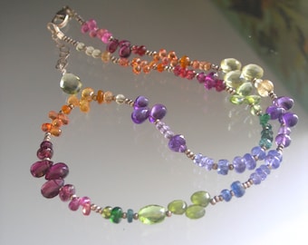 Multi Gemstone Silver Necklace Rainbow Sterling Skinny Layering Necklace Artisan Handmade