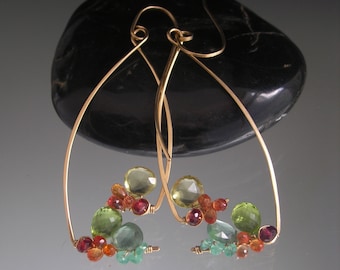 Pastel Gemstone Earrings 14k Gold Filled Sculptural Earrings Lightweight 2 1/2” Long Lemon Quartz Sapphires Emerald Spinel Artisan Handmade