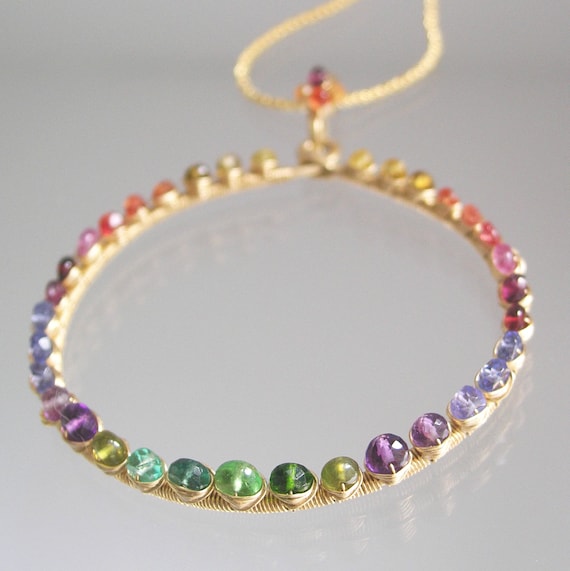 Rainbow Gemstone Circle Pendant Studded Ring 14k Gold Filled | Etsy