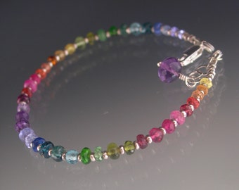 Sterling Rainbow Gemstone Bracelet Skinny Colorful Multi Gem Silver Layering Bracelet Artisan Handmade