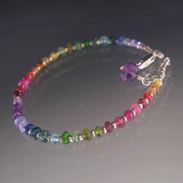 Sterling Rainbow Gemstone Bracelet Skinny Colorful Multi Gem Silver Layering Bracelet Artisan Handmade